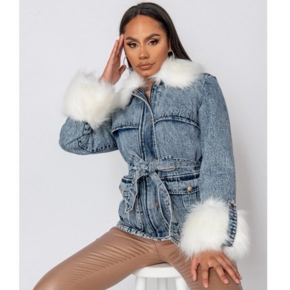 Long Sleeve Shearling Lined Faux Fur Collar and Cuff Denim Jeans Jacket - Picture 6 of 12
